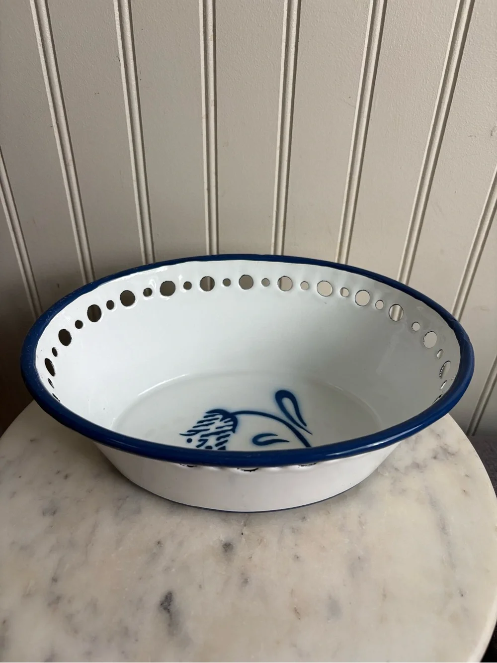 Vintage IKEA Enamel Arv Idyell Perforated Oval Bowl White & Blue Floral VTG 90s